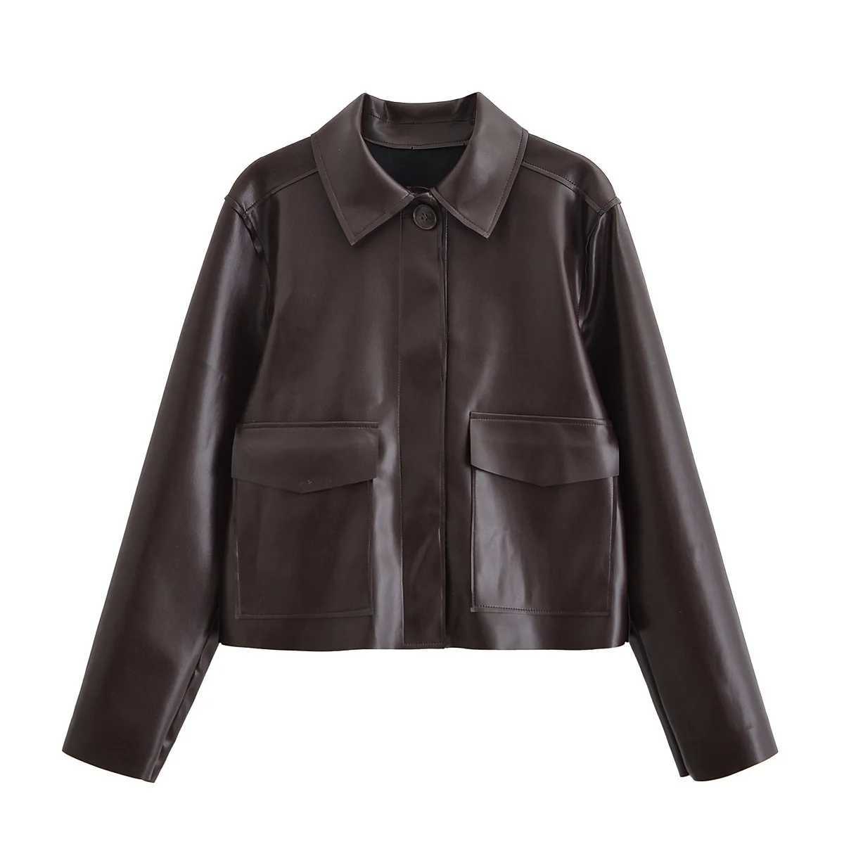 Woman Cropped Faux Leather Jacket Retro Lapel Singlebreasted Pocket Solid Color Long Sleeved Coat Early Autumn Female Top J251103