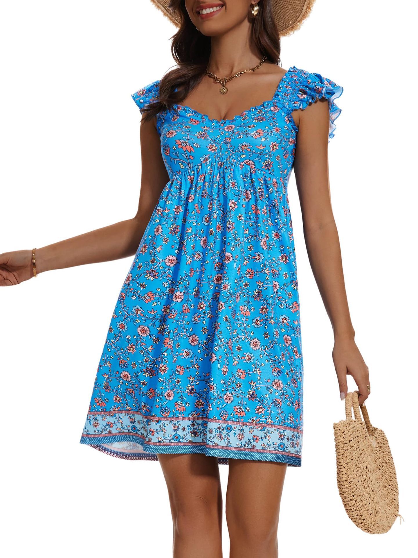 New 2025 Summer Womens Casual Strap with Mushroom Edge High Waist Printed Dress