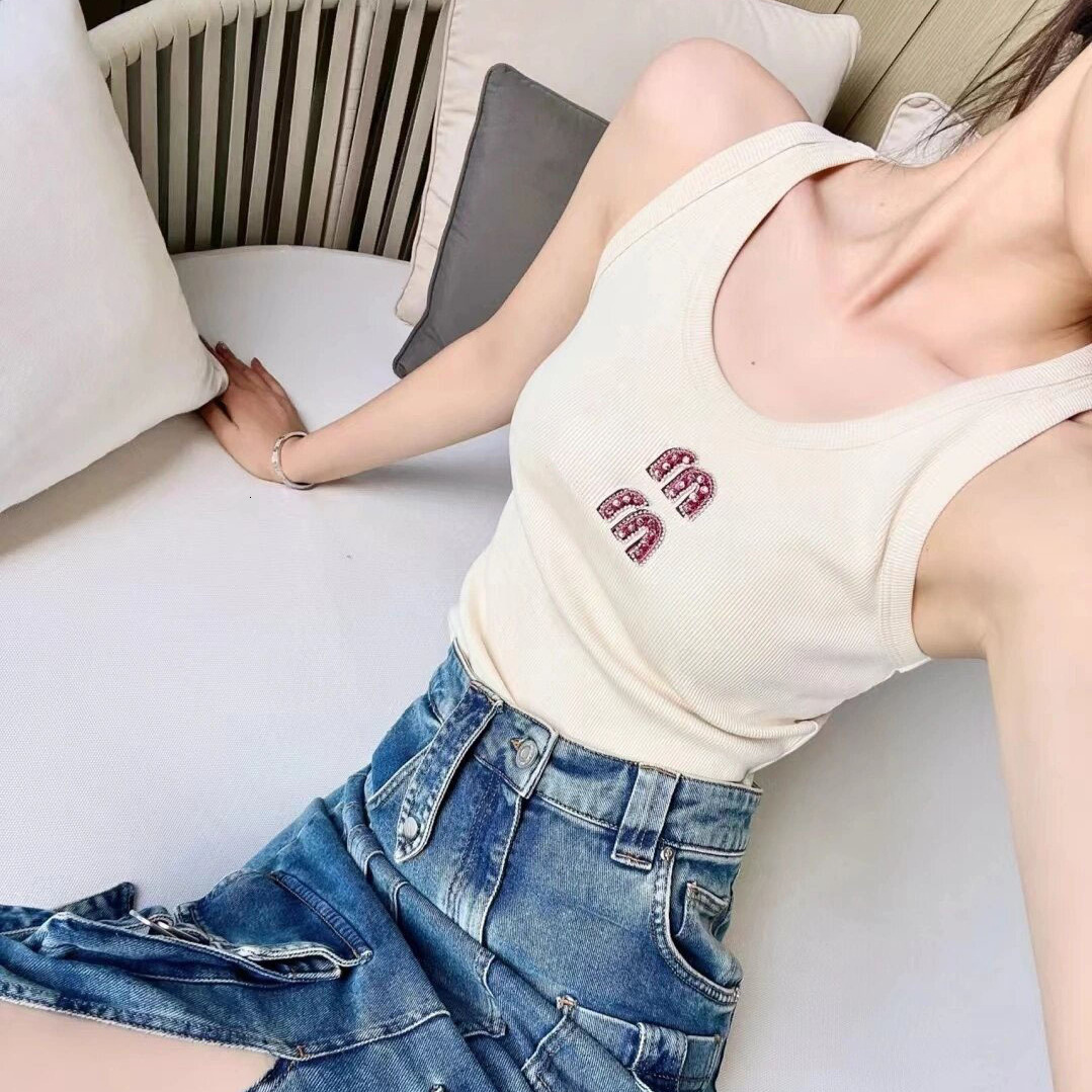 MM limited edition short vest women's beige color diamond exposed navel outfit simple and versatile trendy brand basic suspender bottom