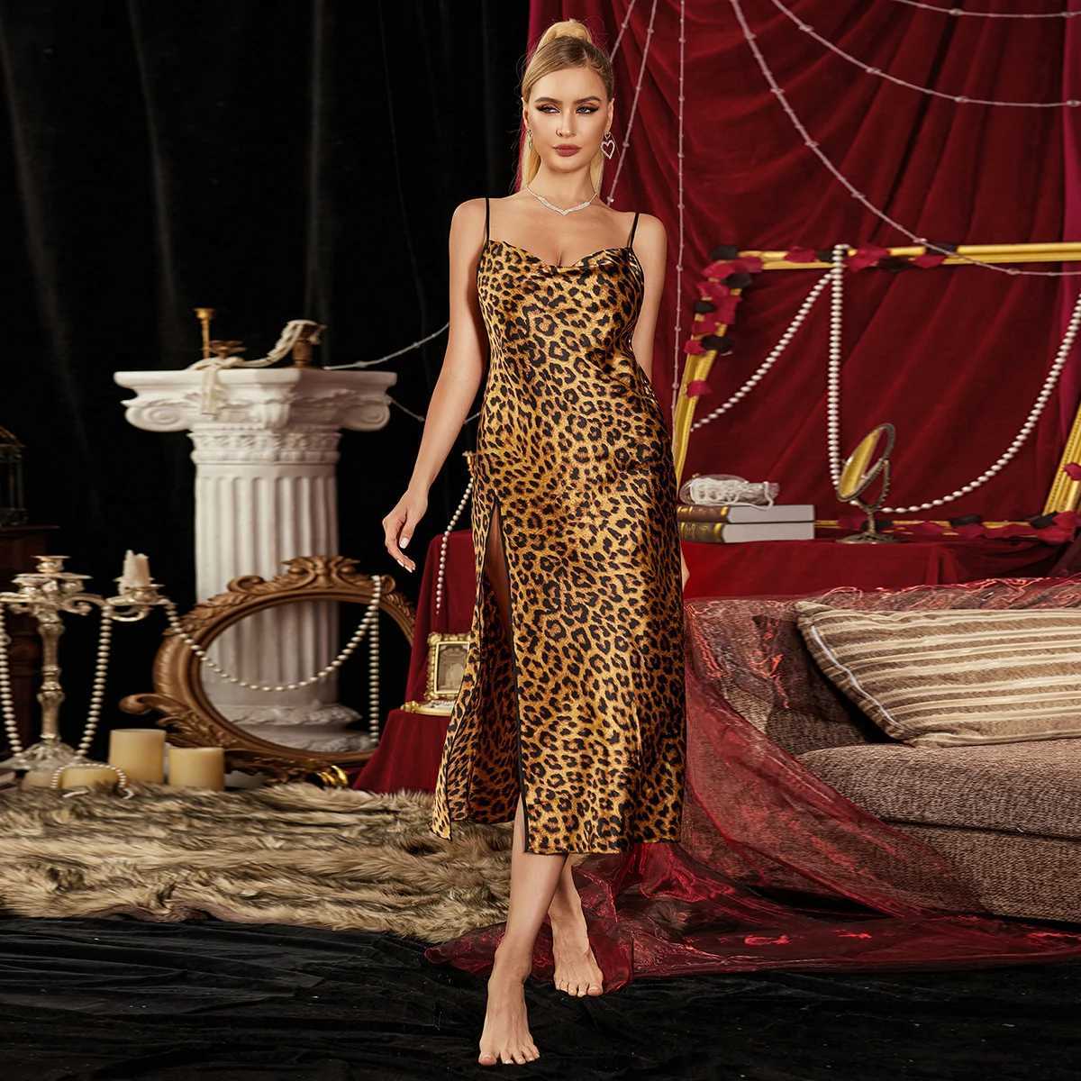 Designer New style Extended Length Slit Leopard Print Backless Sexy Elegant Womens Nightgown Y251104