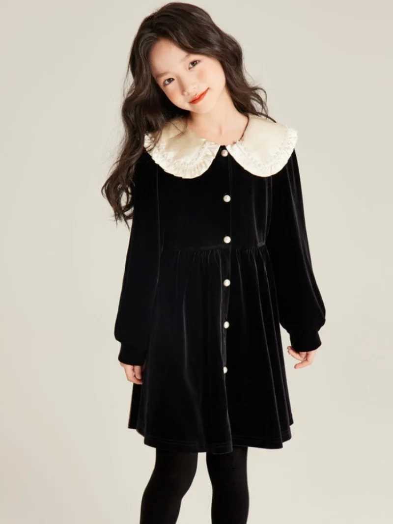 Girls Autumn/Winter High-end Fleece-lined Velvet Elegant Black Princess Gown Dress - 4-12 Years Old C251104