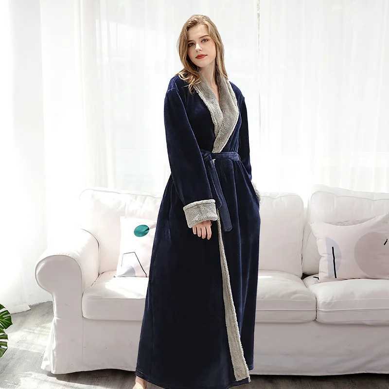 Men Extra Long Warm Flannel Bathrobe 40-100 Kg Men Winter Coral Fleece Bath Robe Night Sleepwear Women Dressing Gown Cozy Robes C251104