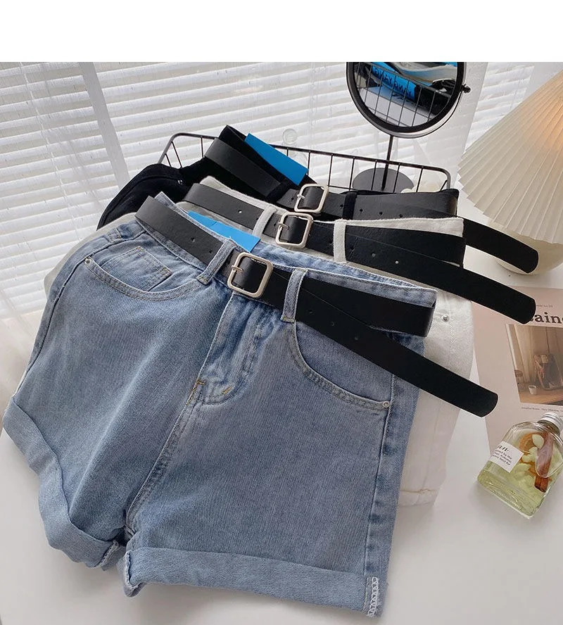 Korean denim shorts with belt womens casual fashion summer wide leg high waisted jeans Y2K pants streetwear 250401