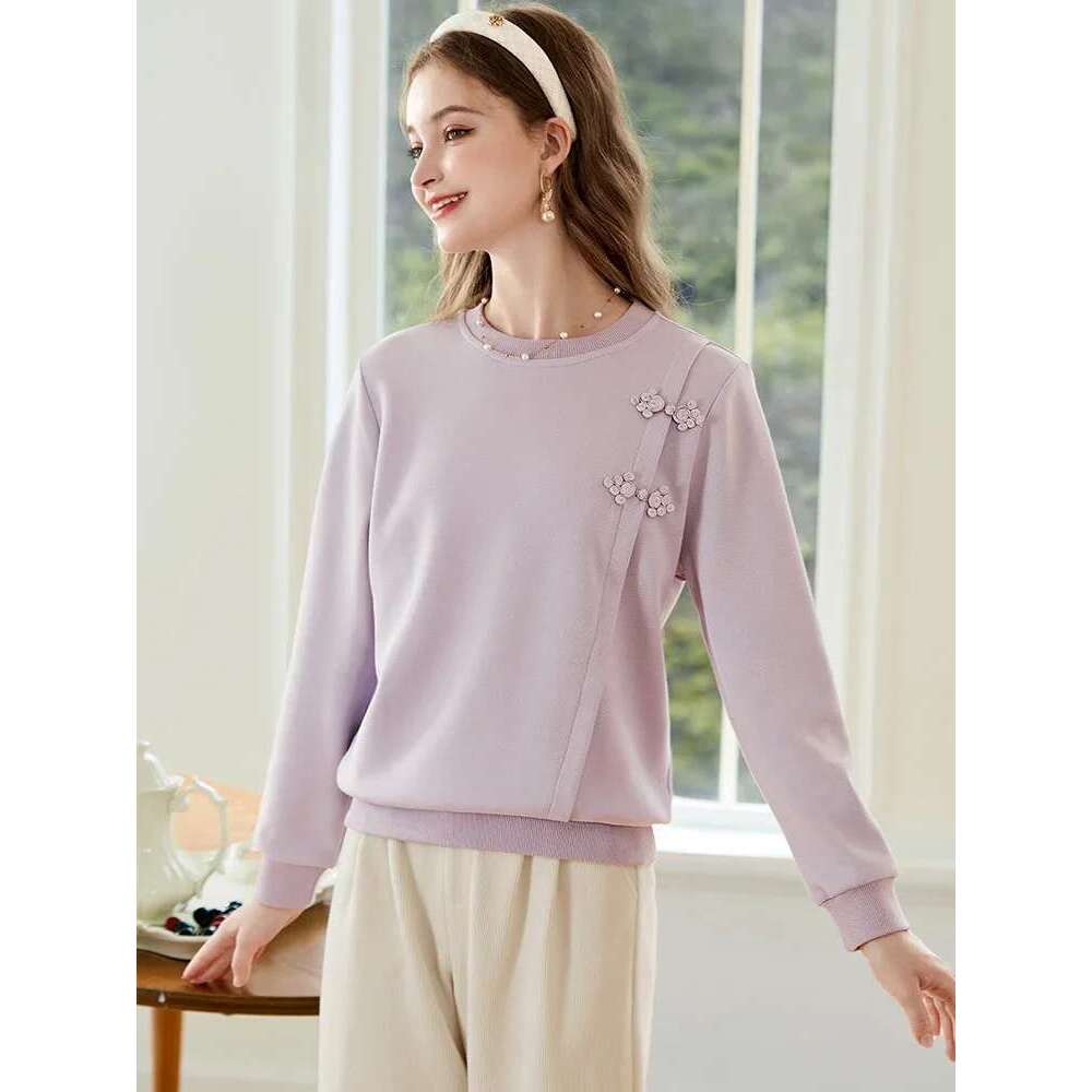 Purple O-Neck Pullover Hoodies For Women Autumn New Loose Long Sleeve Office Lady Solid Clothes