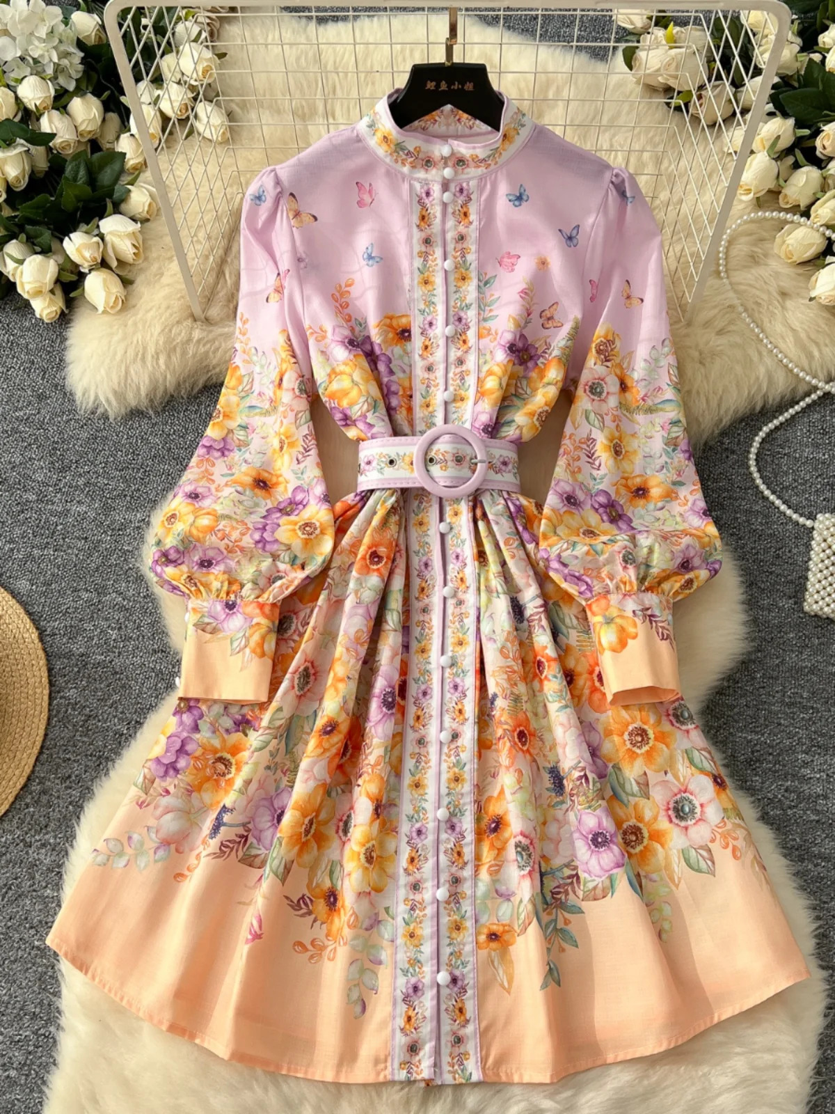 American Vintage Single Breasted Floral Short Dress Women Spring/summer Stand Collar Long Sleeve Elegant Shirt Mini Dresses 250403