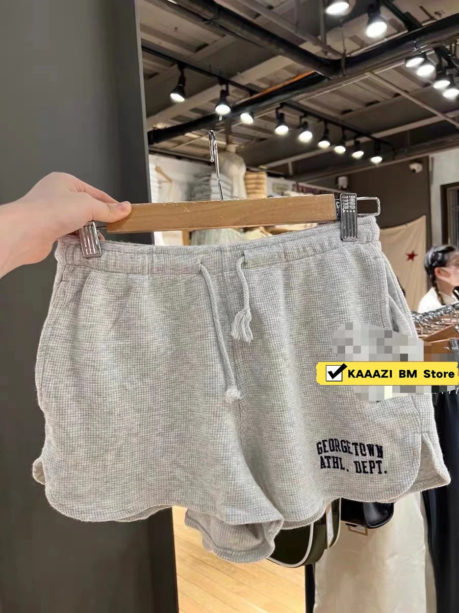 Women Waffle lattice Letter Embroidery Drawstring Sweatshorts Low Waist Raw Hem Loose Straight Shorts Casual Y2k Short Pants 250403