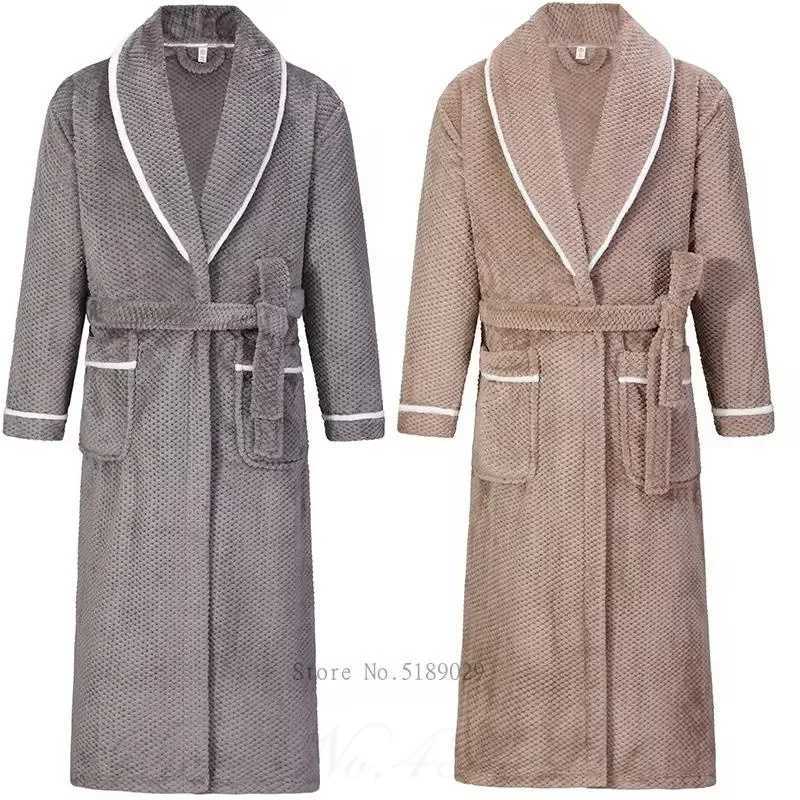 Oversize 3XL 4XL Winter Thicken Warm Sleepwear Kimono Bathrobe Gown Flannel Men Long Robe Loose Coral Fleece Homewear Loungewear C251104