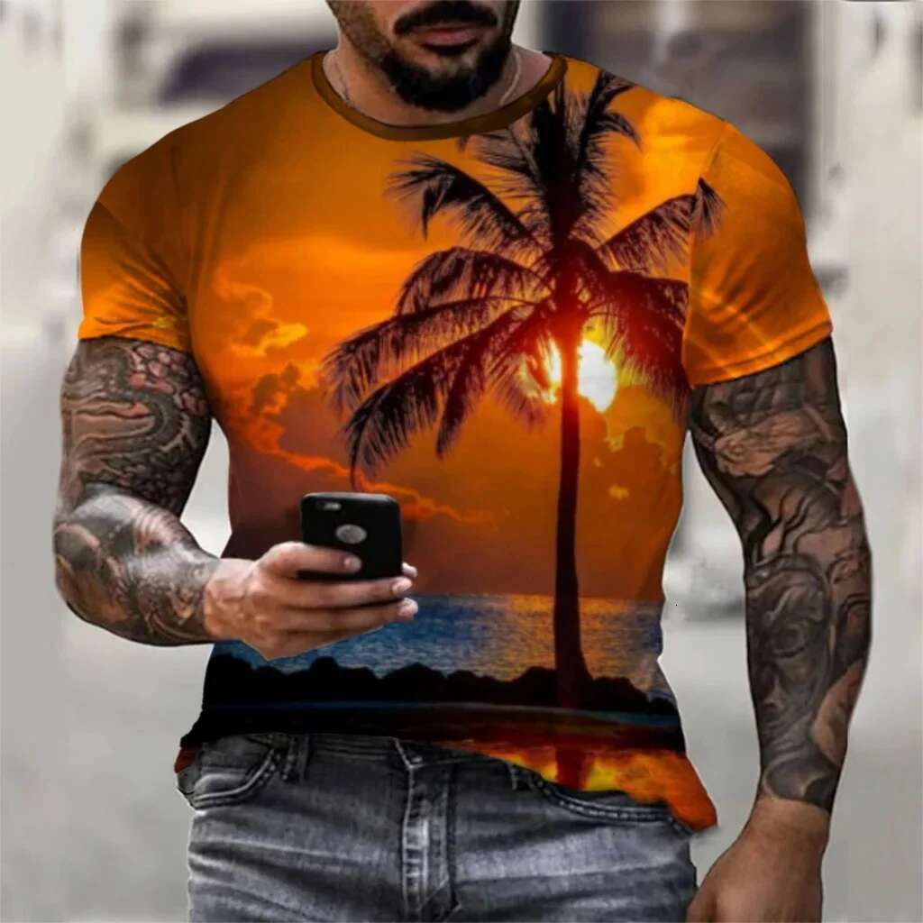 Fashionable and Lnteresting Beach Palm Pictures For Men's T-Shirts Trend Digital Printing Casual Round Neck Short Sleeved