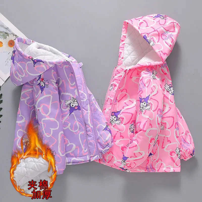 Sanrio Kuromi Girls Hooded Coats Autumn Winter Children Cotton Clip Jackets Spring Teen Kids Casual Fashion Outerwear Windbreaker H251104