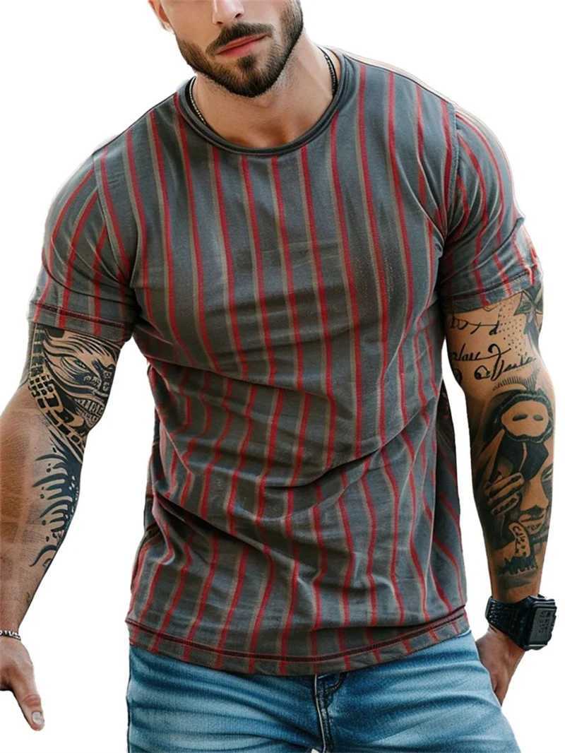 Fashion striped 3D printed mens T-shirt summer casual crew collar short sleeved T-shirt loose quick drying breathable T-shirt top W250403