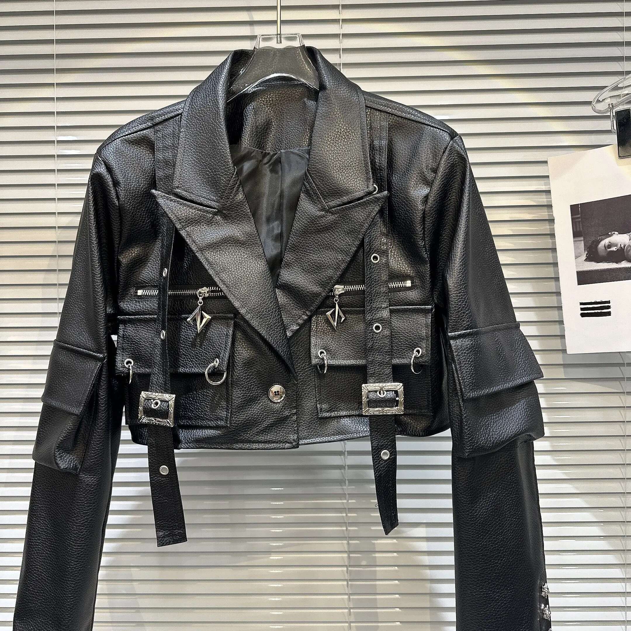 PREPOMP 2023 Autumn New Arrival Multi Pockets Bandage Black Pu Faux Leather Jacket Women GL806