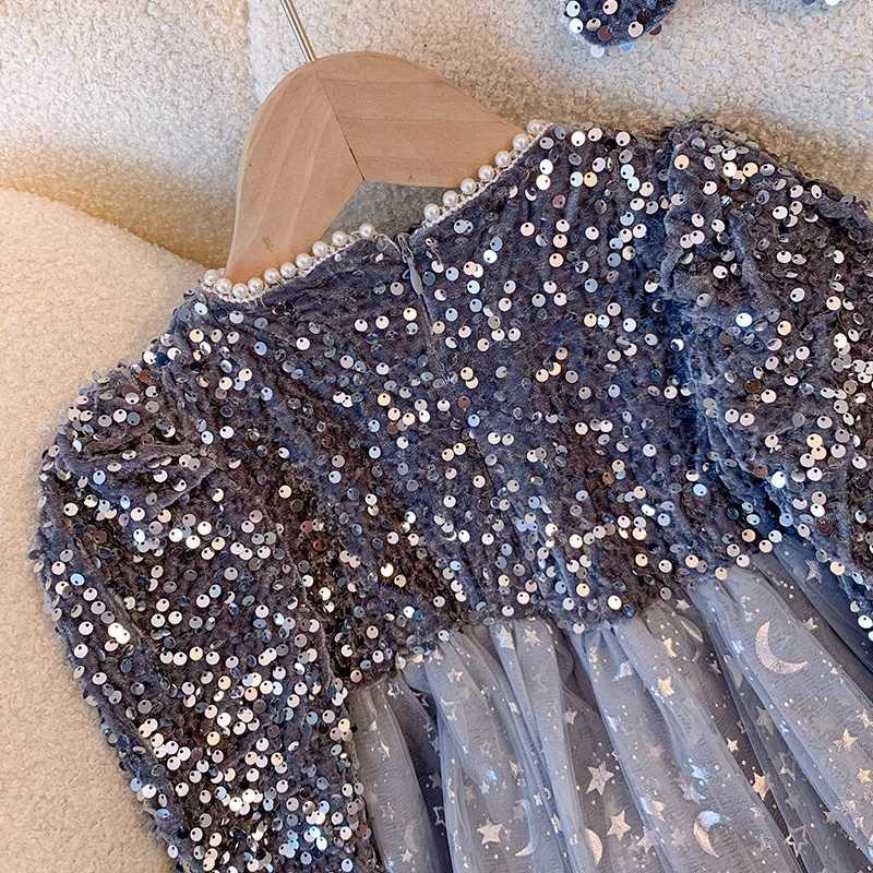 2024Girls Autumn and Winter Fleece-lined Princess Fashionable Sequins New Years Day Performance Costume Evening Dress C251104