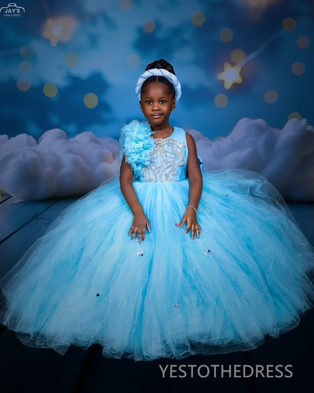 2025 Aso Ebi Blue Flower Girl Dresses Children Birthday Dress Illusion Sheer Neck Rhinestones Beaded Lace Tiered Tulle Princess Queen Ball Gown For Ma