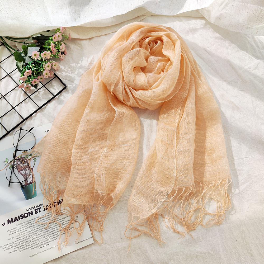 K303 Cross-border customized dirty dyed linen scarf, distressed retro ladies summer thin literary tassel sunscreen shawl