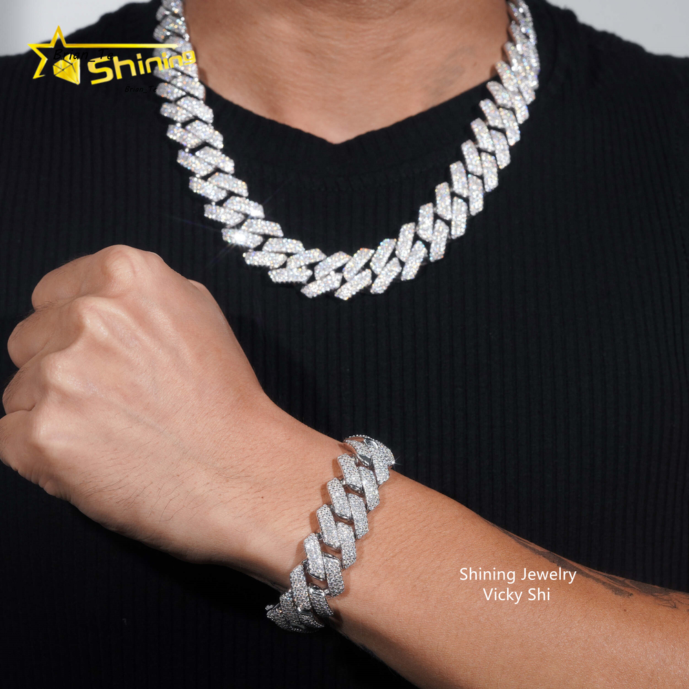 Fine Jewelry 925 Silver 18MM Width Iced Out Moissanite Cuban Link Chain Custom Rapper Hip Hop Cuban Link Bracelet Necklace