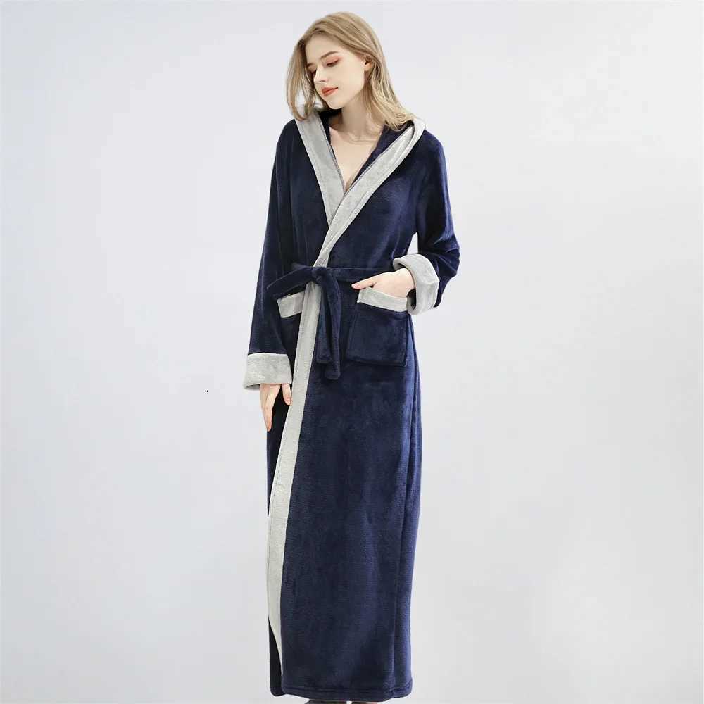Autumn Winter Flannel Long Bathrobe Kimono Gown Thicken Warm Hooded Robe Home Dress Loose Casual Couple Sleepwear Lounge Wear C251104