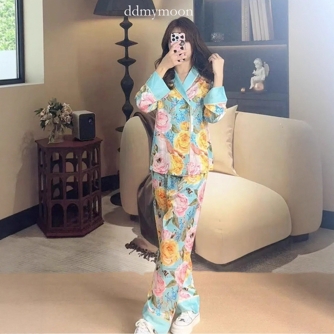Spring Summer Oil Painting Flowers Casual Home Cool Pajamas V-Neck Women Comfortable Fashionable Stylish Two-Piece Set Women's Clothing ddmymoon