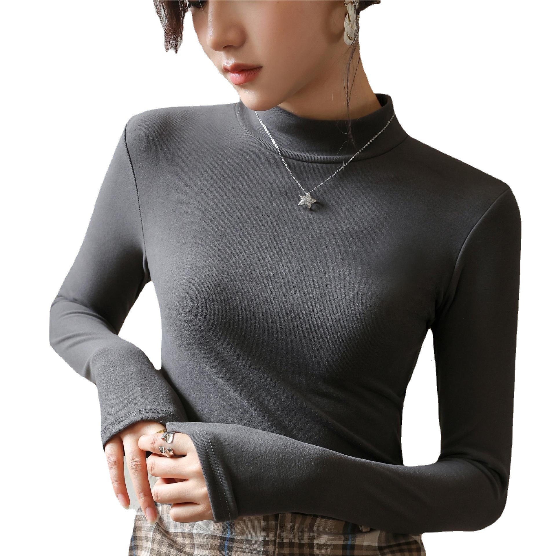 Half high collar German velvet bottoming shirt for womens inner wear in autumn and winter plush and brushed long sleeved collar solid color slim fitti