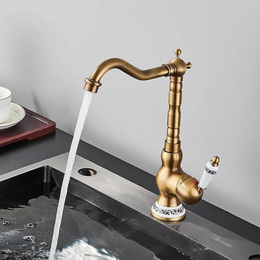 Antique Brass Bathro Faucet Rotating Spout Basin Sink Mixer Tap Bathro Kitchen Washing Faucet Washbasin Taps Kitchen Mixers Y251104