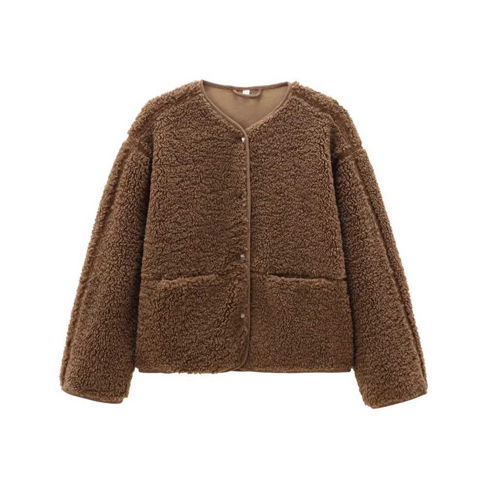 2024 autumn and winter new womens loose casual longsleeved round neck solid color comfortable simple fleece jacket J251103