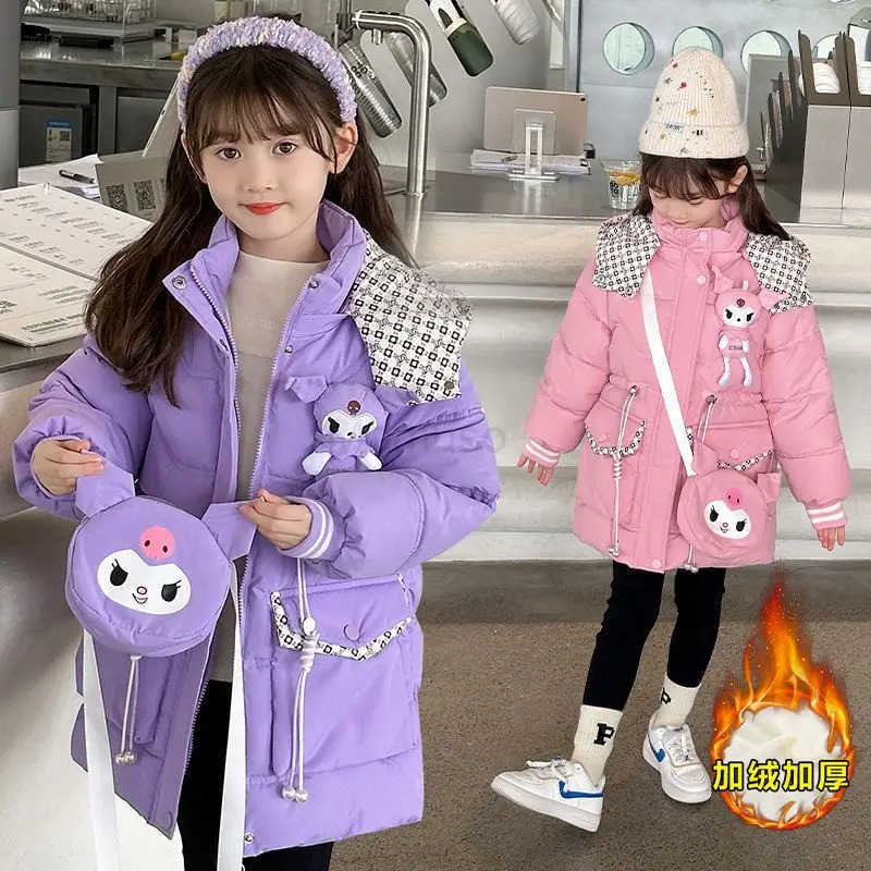 Sanrio Kawaii Winter Anime Kuromi Sanrios Kids Girls Cotton Jacket Long-Style Plush Hooded Thick Cute Down Jacket Cartoon Cotton Jacket H251104