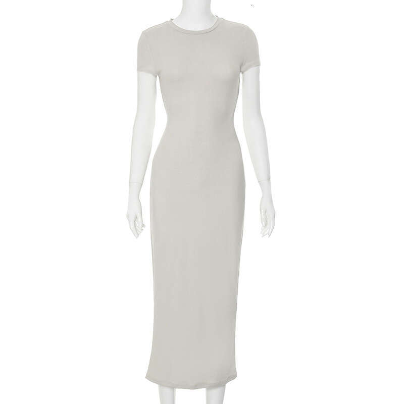 M23DS760 European and American women's solid color round neck slim fit short sleeved dress wholesale 2025 new casual fashion trend clothing