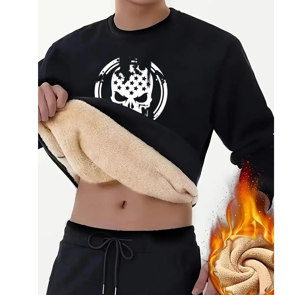 Cartoon skull round neck hoodie mens autumn and winter cashmere thick warm coat fashion loose tops Y 250321