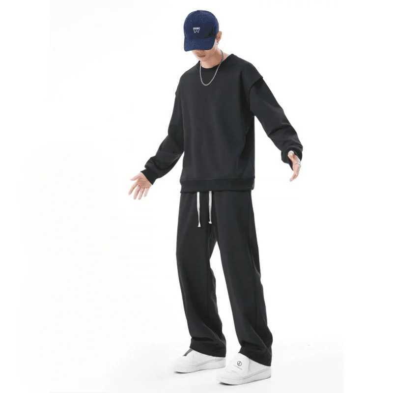 Mens Soft Casual Tracksuit Solid Color Athletic Set Spring Autumn Sportswear Round Neck Loose Fit Comfortable Outfit J251104
