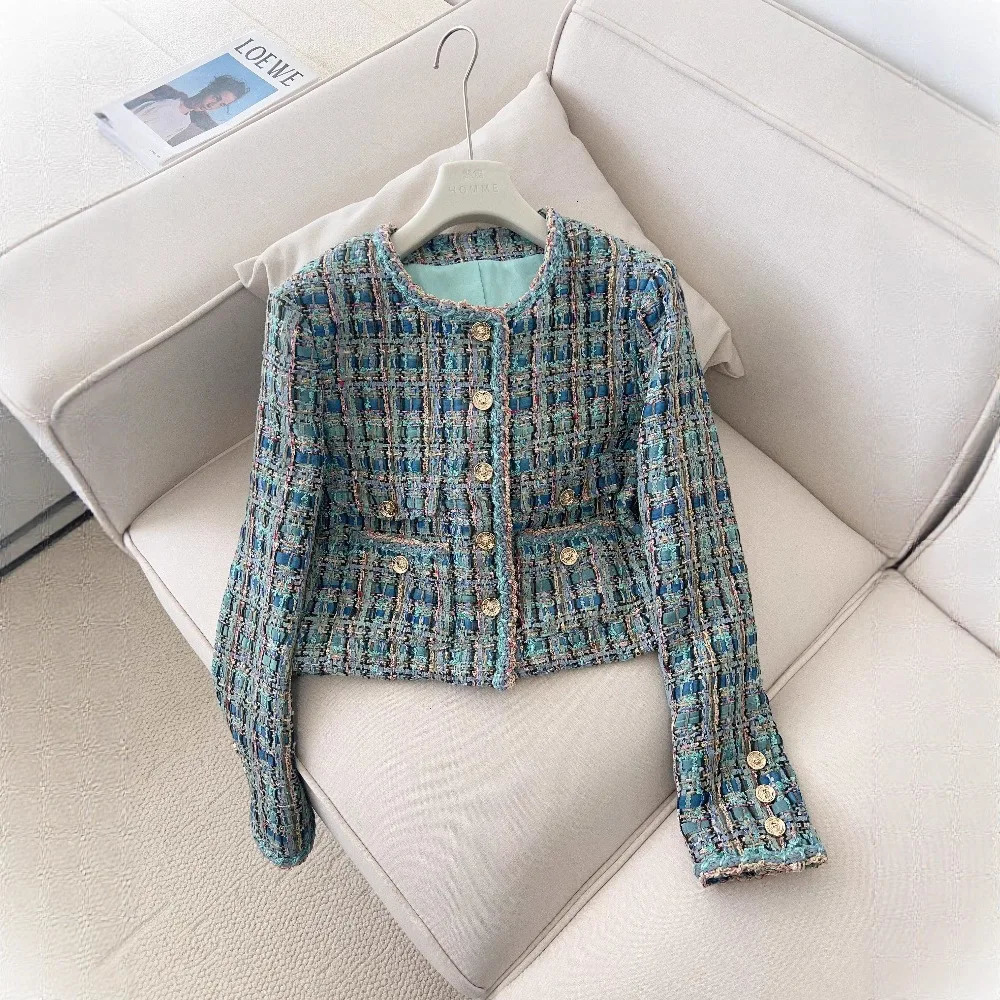 French Lady Blue Green Tweed round Neck Single Button Small Fragrance Style Jacket Vest Dress Set Casual Suit 251104