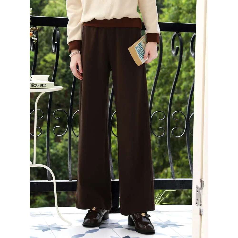 Khaki Straight Leg Casual For Women Autumn Elastic Waist Trousers Double-Layer Warm Pants