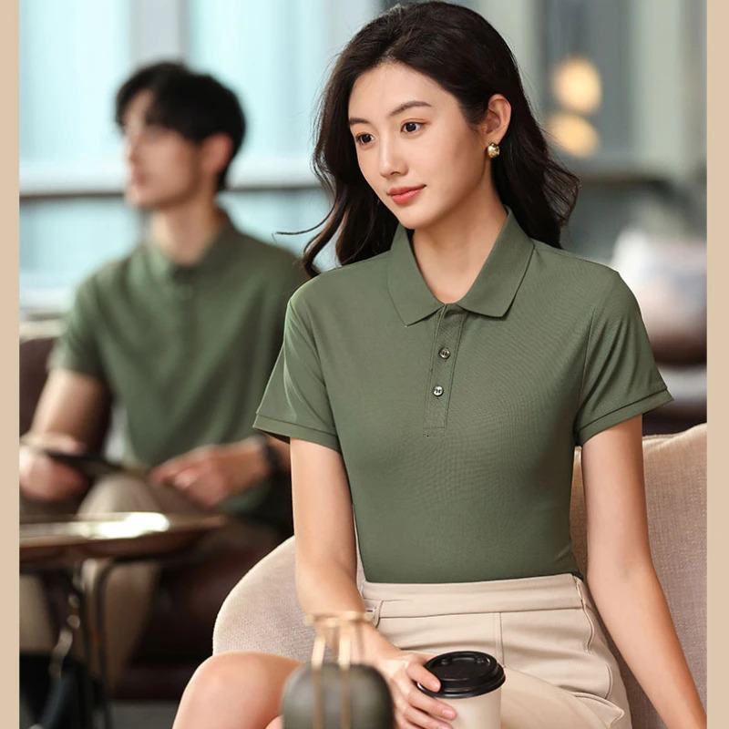 Summer Business Casual Polo Shirt Women Mesh Ice Silk Breathable Short Sleeve Womens Shirt Collar Solid T Shirt Women Clothing 250403