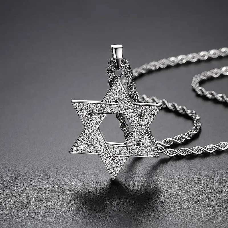 Hip Hop Men Gold Color Plated Jewelry Micro Pave Iced Out Cz Stone Star of David Pendant Hexagram Israel Judaism NecklacesXJ251104