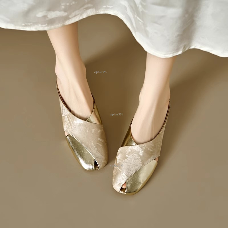 New Designer Sandals With Free Semi Dragged Women's Summer Soft Leather National Style Printed Color Blocked Square Head Hollow Flat Bottom Lazy 