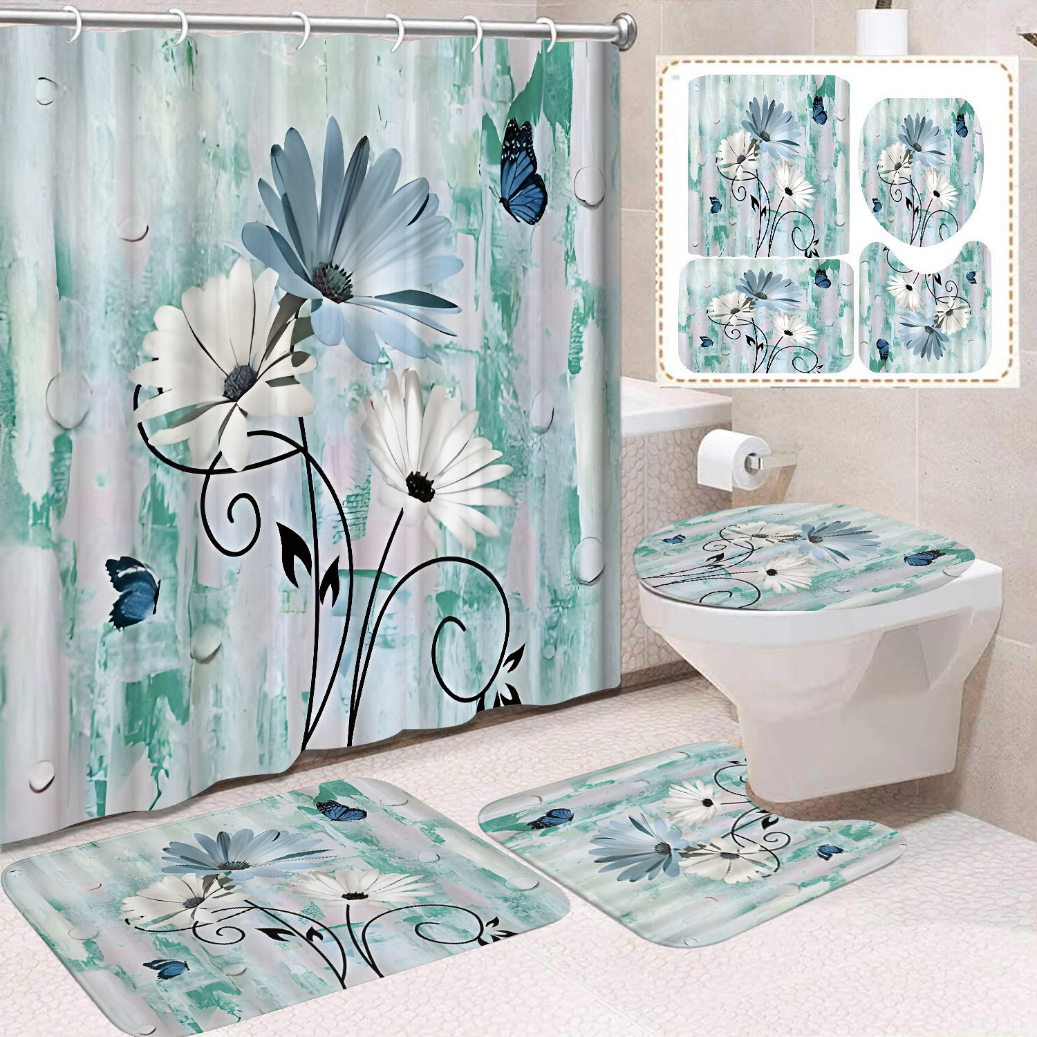 YL-37629 Popular 3D Digital Shower Curtain with Kitty Shower Design, Bathroom Dry and Wet Separation, Polyester with Hooks