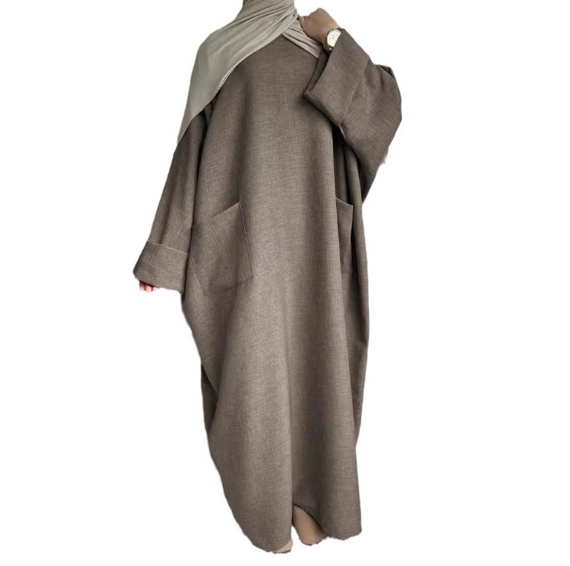 (966) New Women Robe Long Skirt Solid Color Pocket Dress