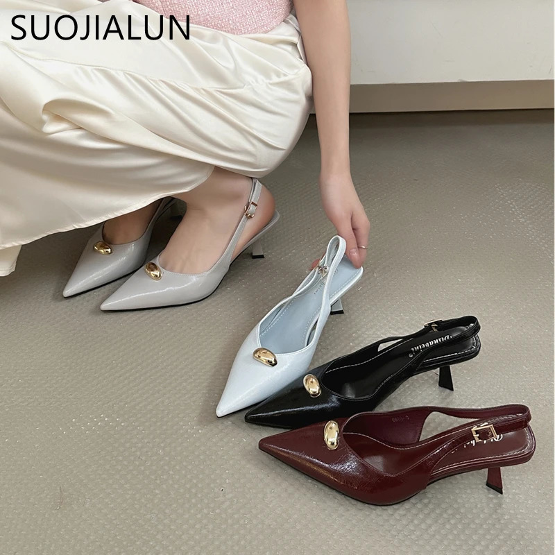 SUOJIALUN Summer Women Sandal Shoes Fashion Pointed Toe Shallow Slip On Ladies Elegant Slingback Shoes Pumps 251030