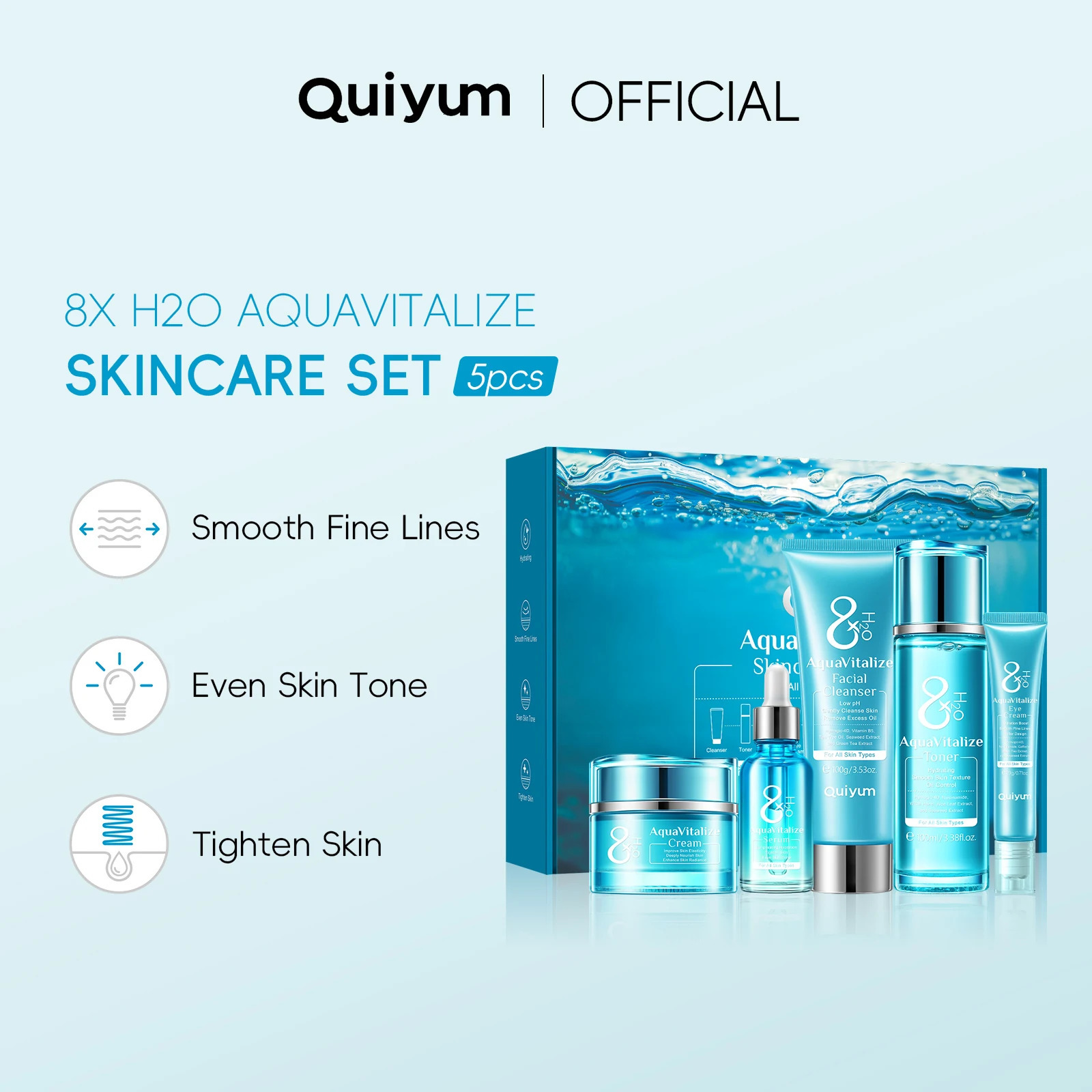 QUIYUM 8X HO AquaVitalize Skincare Set 5PCS Deep Hydration Kit Smoothing Treatment Gift Set 251030