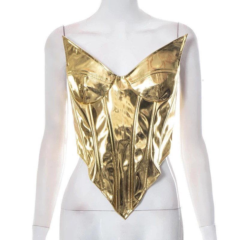 Sexy strapless metal silver crop top womens sleeveless tight corset vest summer night dance costume 250327