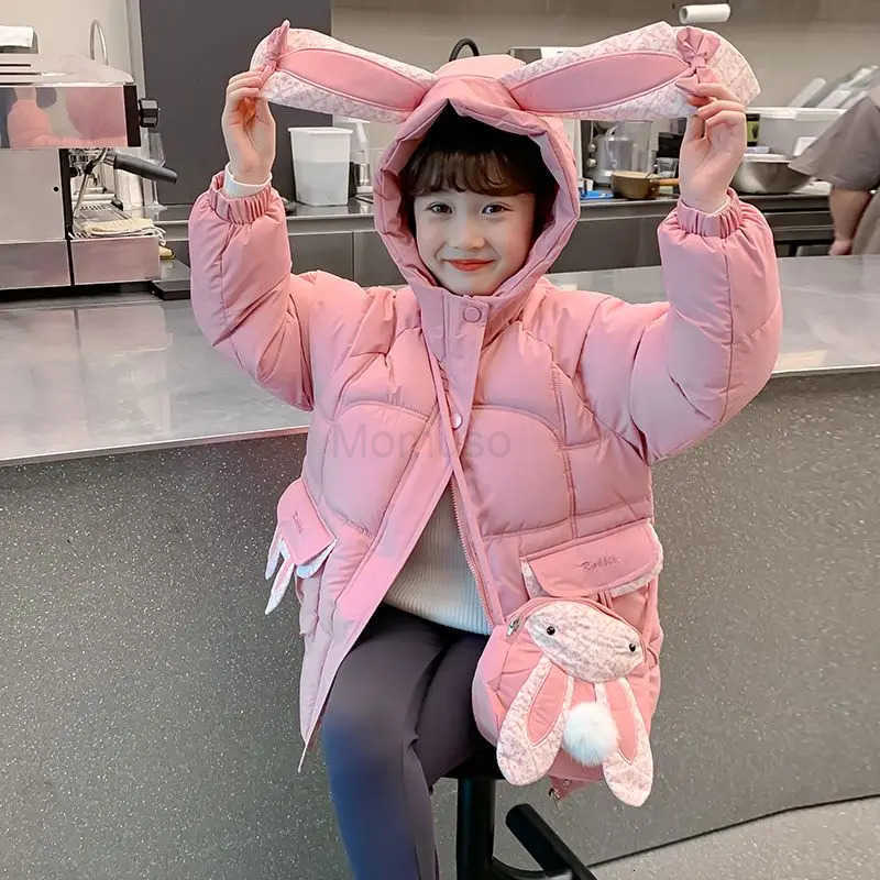 Sanrio Girls Winter Down Jacket 2025 New Design Thickened Long Coat with Bunny Ears Kids Cotton Winterwear H251104