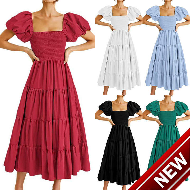 2025 Womens Loose Casual Bubble Sleeve Long Solid Color Dress