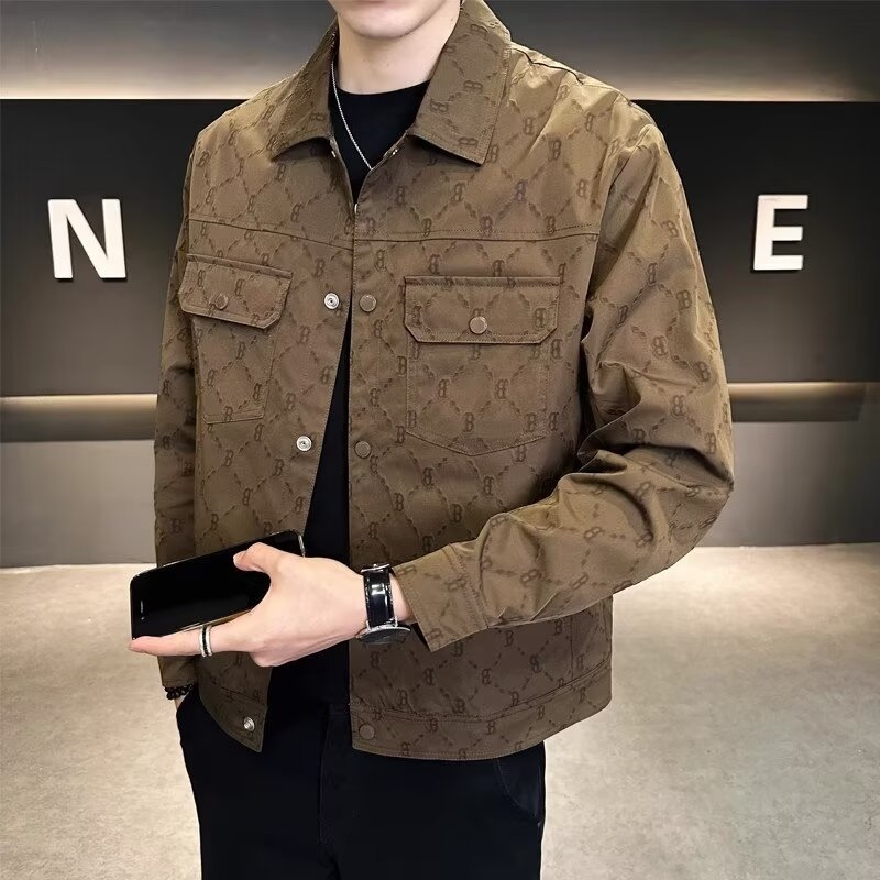 New lapel trend men's jacket Jacket 2025 Spring fashion all match handsome high-grade casual jacket brown black free Shipping