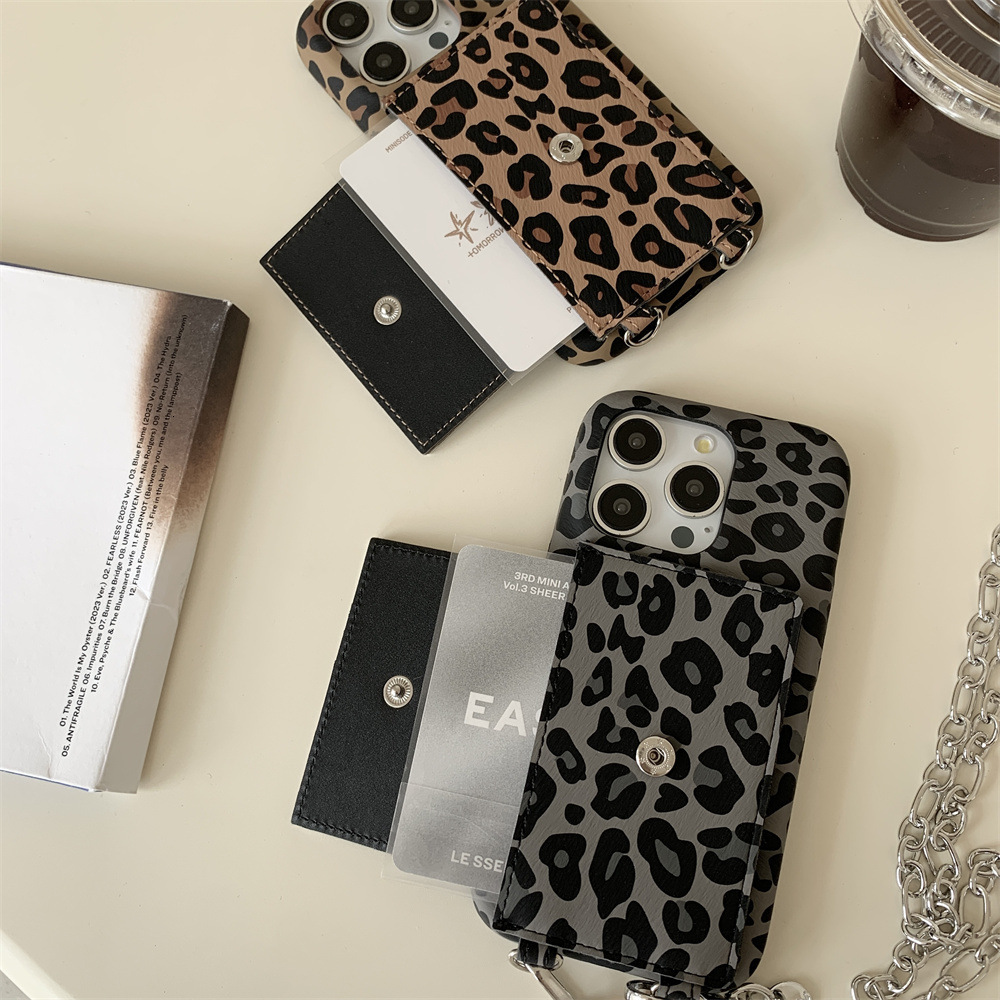 INS Leopard Print Crossbody Calendar Card Holder Phone Case Compatible with iPhone 17/16/15 Pro Simple Shockproof