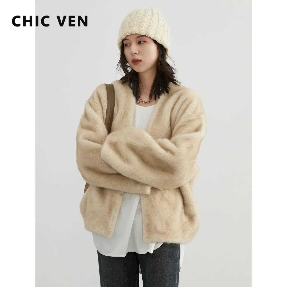 CHIC VEN Womens Jacket Loose Casual Solid Overcoat New Female Plush Coat Vneck Woman Outerwear Autumn Winter 2023 J251103