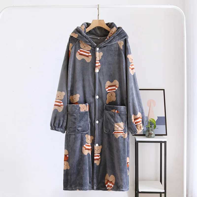 Couple Coral Fleece Hooded Nightgown Flannel Warm Cartoon Sleepwear Robe Loose Casual Home Dress Winter Thickened Loung Wear C251104