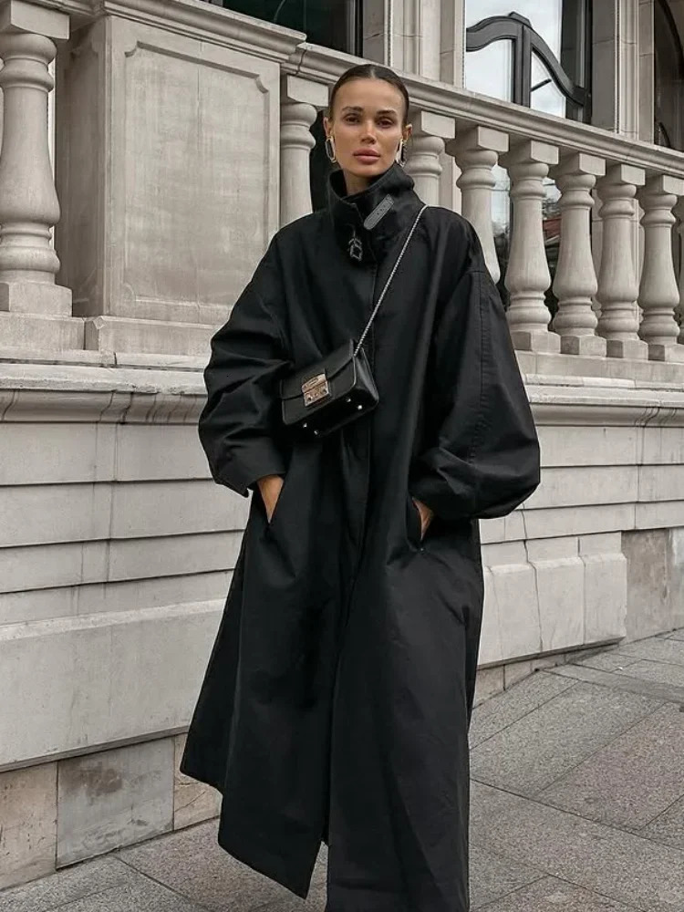 Black Stand Collar Long Windbreaker Women Fashion Full Sleeve Singlebreasted Loose Trench Coat Lady Autumn High Street Outwear 251103
