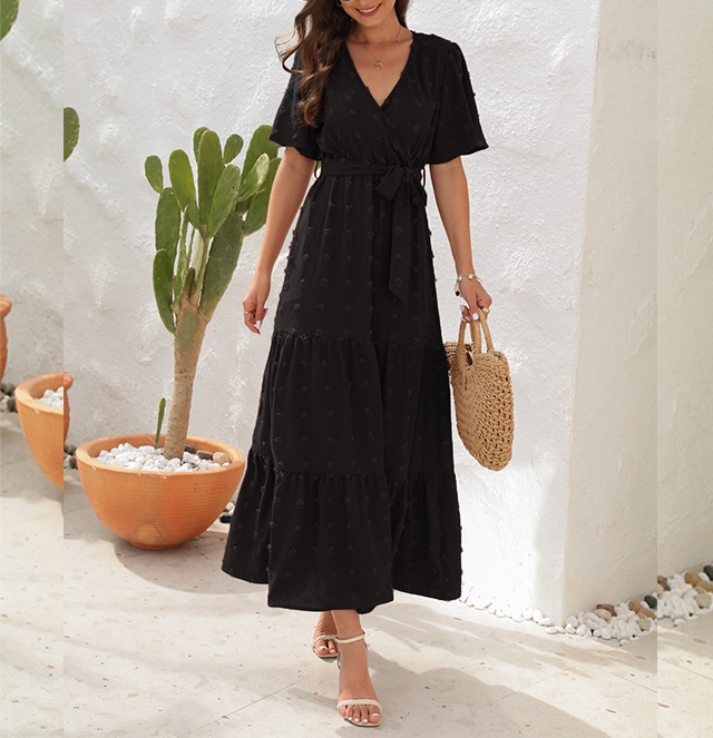 Womens 2025 Summer Bohemian Vacation Style Casual Loose Elegant V-neck Dress