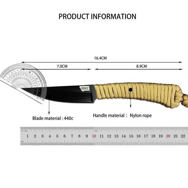 MKC Mini Straight Knife Nylon Rope Handle 440C Blade Outdoor Camping Adventure Fighting Portable Multi purpose Knife Mens GiftT250402