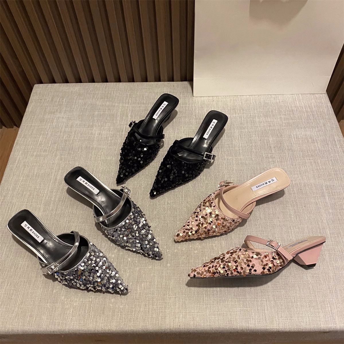New Designer Sandals With Free Shipping Small And High End Pointed Thick Heel Sequined Silver Sandals 2025 Autumn Edition One Foot Kick Toe Lazy Half 