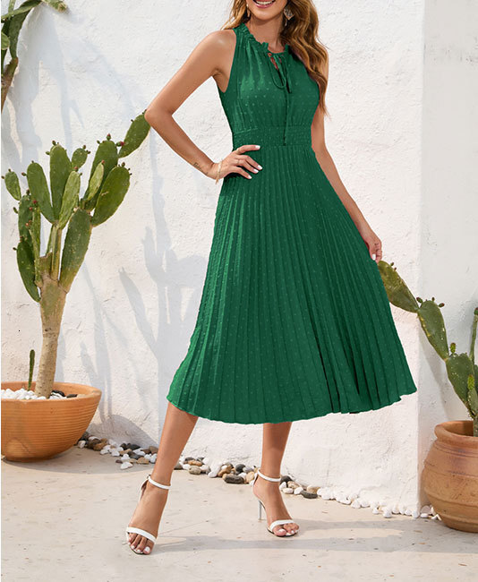 2025 Summer Fashion Round Neck Drawstring Strap Hundred Fold Medium Length Womens Dress