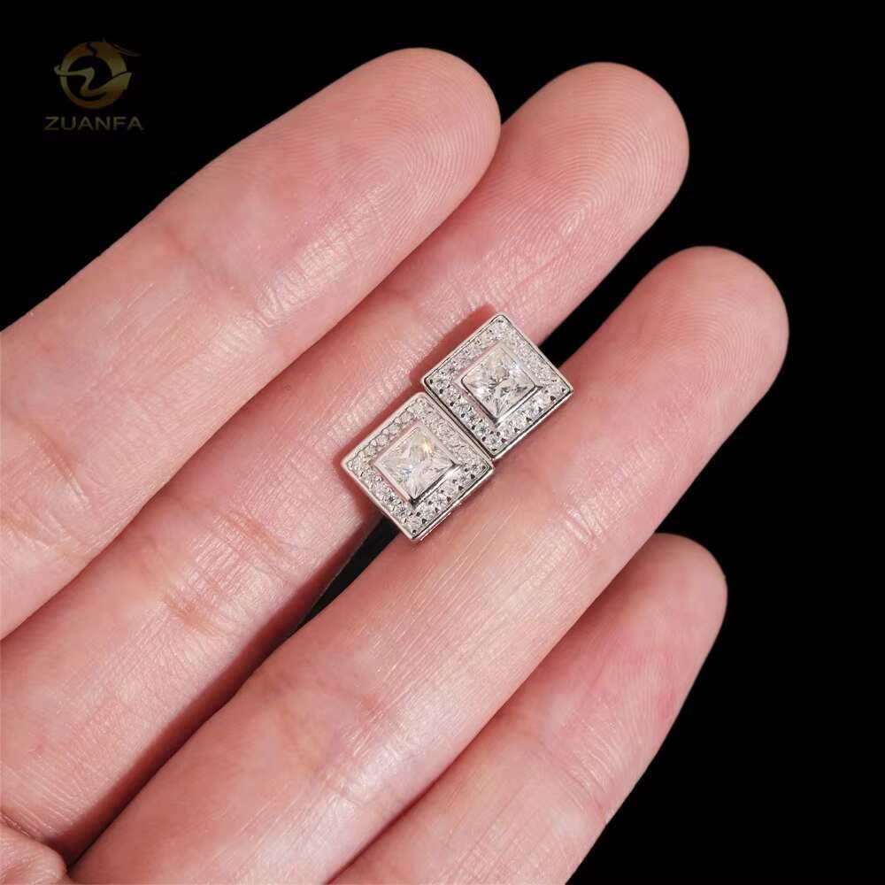 Hip Hop High Quality Iced Out Screw Back Stud Moissanite Diamond Square Earrings for Men